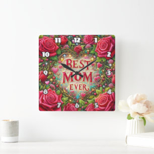 Best Mum: Roses, Hearts, Golden Glow Square Wall Clock