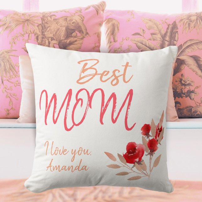 Best Mum Script Red Watercolor Rose Floral  Cushion (Creator Uploaded)
