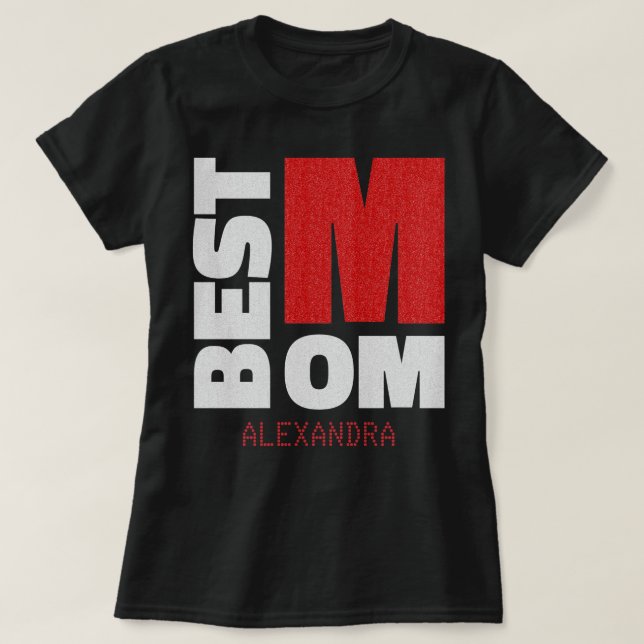 Best Mum Silver Red Glitter Name Customised T-Shirt (Design Front)