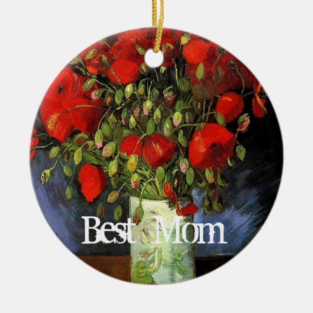 Best mum, vase with red poppies ceramic tree decoration (Front)
