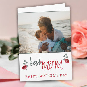 Best Mum Watercolor Rose Floral Mother`s Day Photo Card