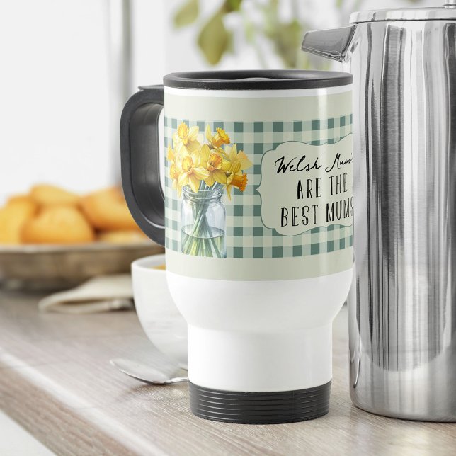 Best Mums Farmhouse Green Daffodils in a Jar Travel Mug (Travel Mug for mum with daffodils and editable title - perfect for Mother's Day)