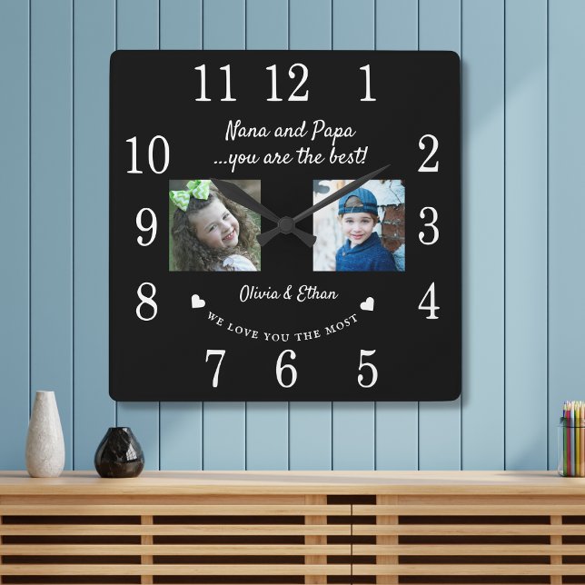 Best Nana And Papa Grandkids Photo Collage Black Square Wall Clock (Creator Uploaded)