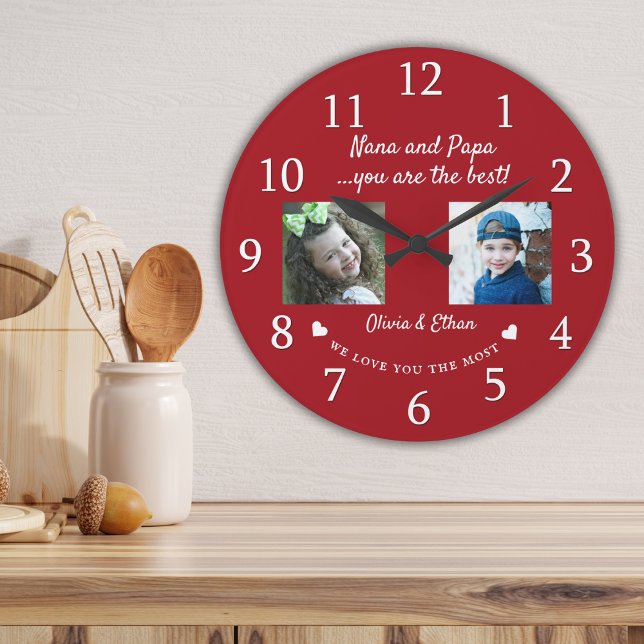 Best Nana And Papa Grandkids Photo Collage Red Large Clock (Creator Uploaded)