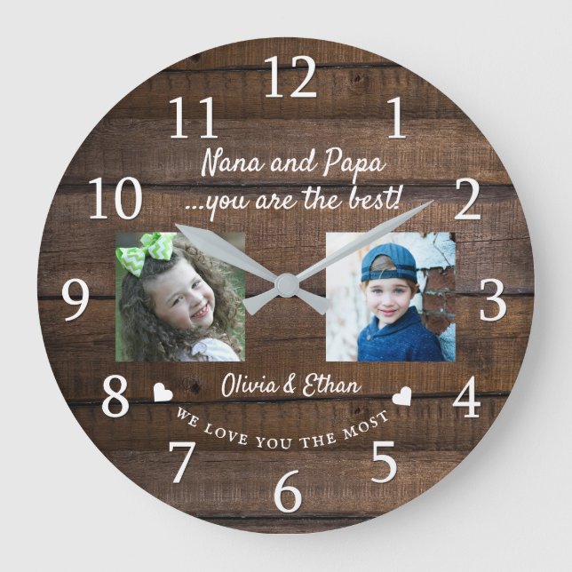 Best Nana And Papa Grandkids Photo Collage Wood Large Clock (Front)
