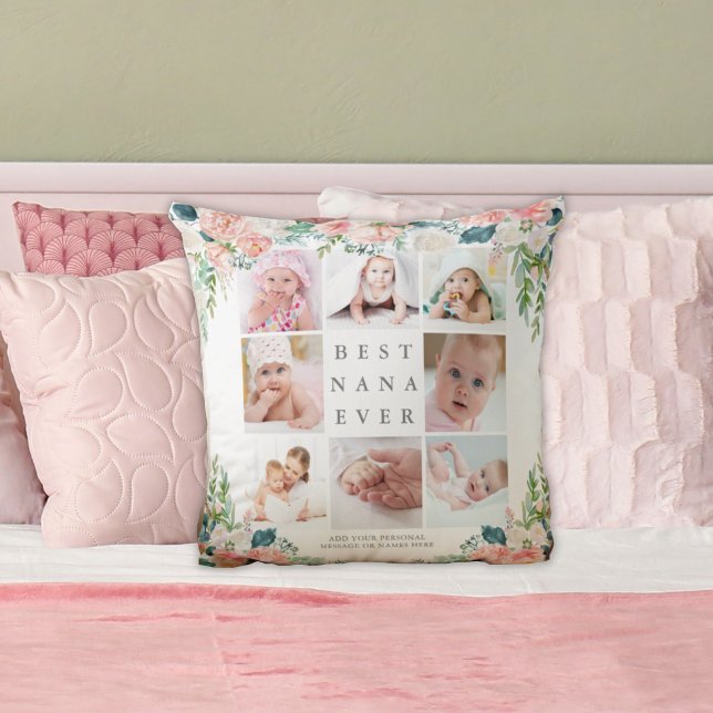 BEST NANA EVER 8 Photo Collage Pink Floral Custom Cushion (Creator Uploaded)