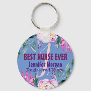 Best nurse ever monogram name floral custom key ring