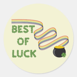 Best of Luck Greeting with Clovers and Rainbow Classic Round Sticker