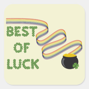 Best of Luck Greeting with Clovers and Rainbow Square Sticker