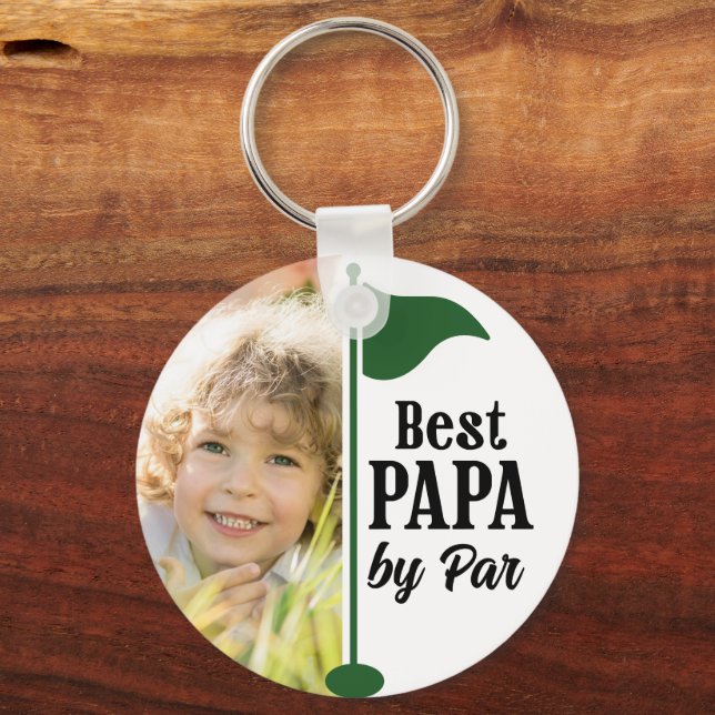 Best Papa by Par 2 Photos Golf Flag Keepsake Key Ring (Front)