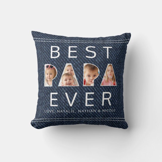 BEST PAPA EVER 3 Photo Collage Faux Denim Cushion (Front)