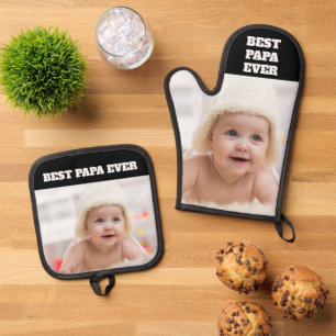 Best Papa Ever Baby Photo Father's Day Oven Mitt & Pot Holder Set