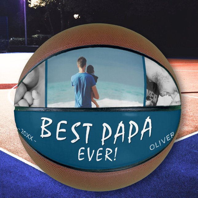 Best Papa Ever Blue 3 Photo Collage Basketball (Creator Uploaded)