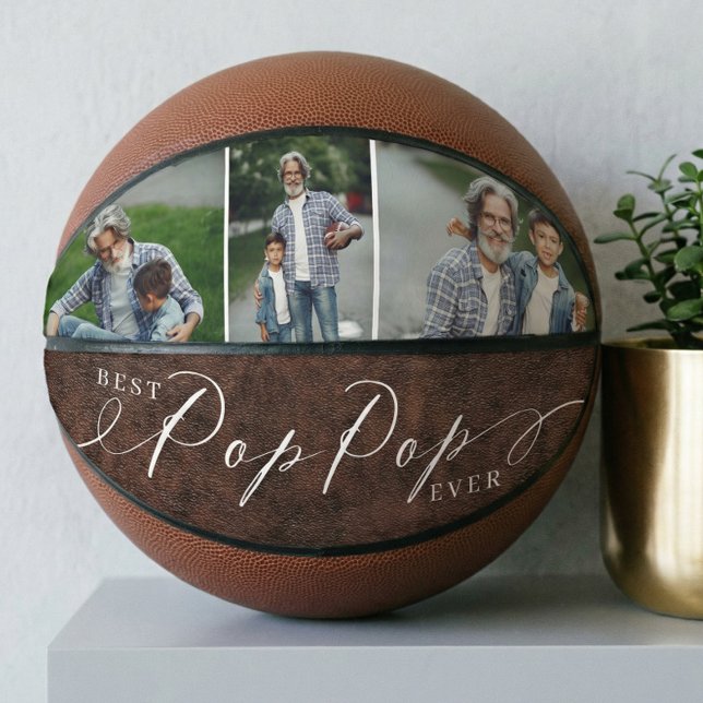 Best Pop Pop Ever Leather Father's Day Photo Gift Basketball (Best Pop Pop Ever Father's Day Photo Collage Gift Basketball)