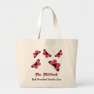 Best Preschool Teacher Pink Butterflies Add Name Large Tote Bag