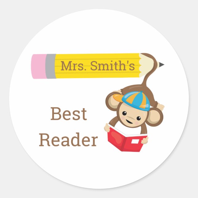 Best Reader Customisable Monkey Reading Book Classic Round Sticker (Front)