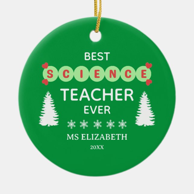 Best Science Teacher Typography Christmas Green Ceramic Tree Decoration (Front)