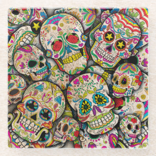 Best Selling Sugar Skull Pattern Glass Coaster