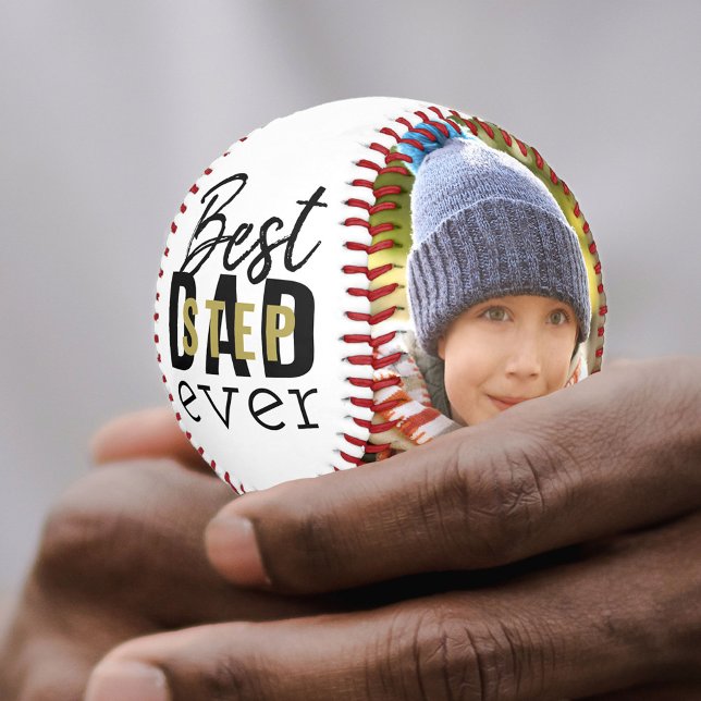 Best Stepdad Ever Typography 2 Photo Black Gold Baseball (Creator Uploaded)