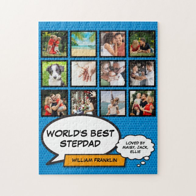 Best Stepfather, Stepdad 12 Photo Blue Fun Comic Jigsaw Puzzle (Vertical)