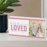 Best Stepmom is Loved by .. Square Photo Wooden Box Sign<br><div class="desc">Cute and trendy wooden box sign for your stepmom (editable) and personalised with one of your favourite photos. The design is lettered in oversized typography and elegant handwritten script, in pink and turquoise blue. It currently reads "this stepmom is loved by [your names]" and the template is set up for...</div>