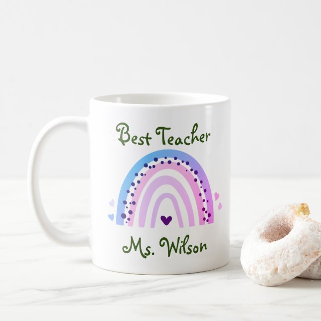 Best Teacher Custom Name Cute Colourful Rainbow Coffee Mug (With Donut)