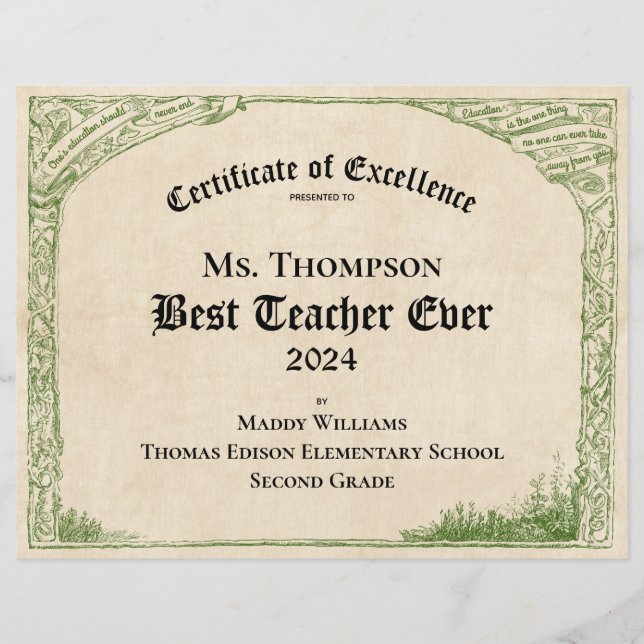 Best Teacher Ever Certificate of Excellence (Front)