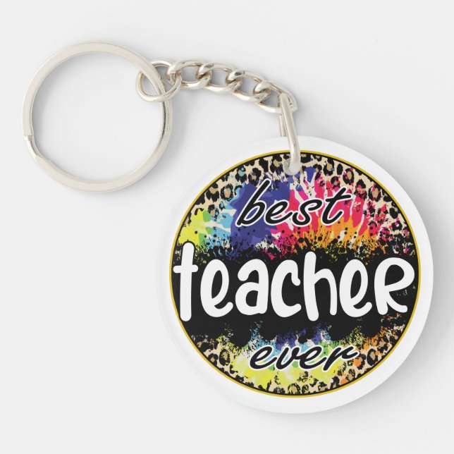 Best Teacher Ever – Colourful Leopard Print Key Ring (Front)