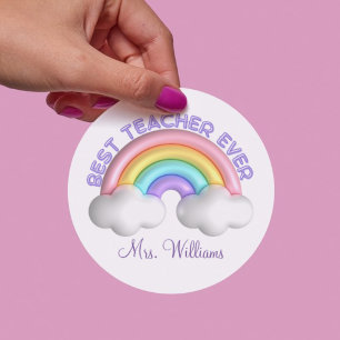 best teacher ever cute rainbow personalised classic round sticker