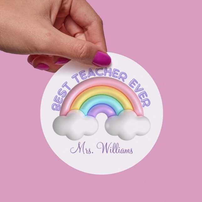 best teacher ever cute rainbow personalised classic round sticker (Creator Uploaded)