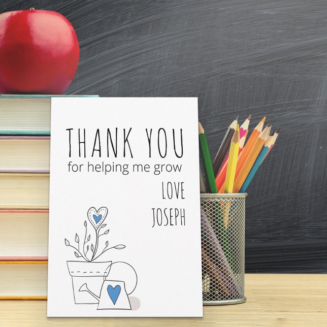 Best Teacher Ever Doodle Art Plant and Blue Heart Thank You Card (Creator Uploaded)