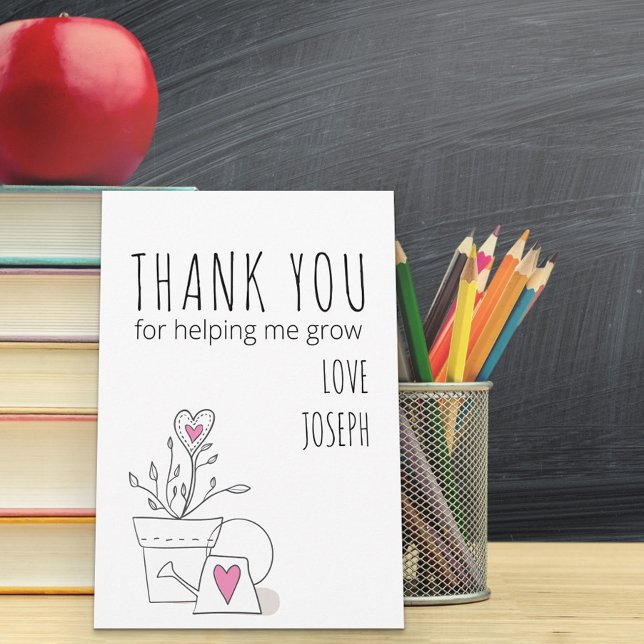 Best Teacher Ever Doodle Art Plant and Pink Heart Thank You Card (Creator Uploaded)