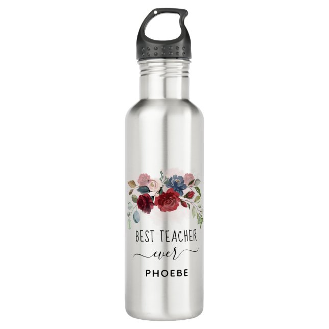 Best Teacher Ever Floral Custom Name 710 Ml Water Bottle (Front)