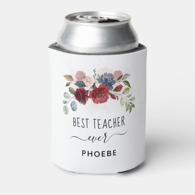 Best Teacher Ever Floral Custom Name Can Cooler (Can Back)