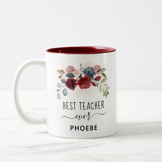 Best Teacher Ever Floral Custom Name  Two-Tone Coffee Mug (Left)