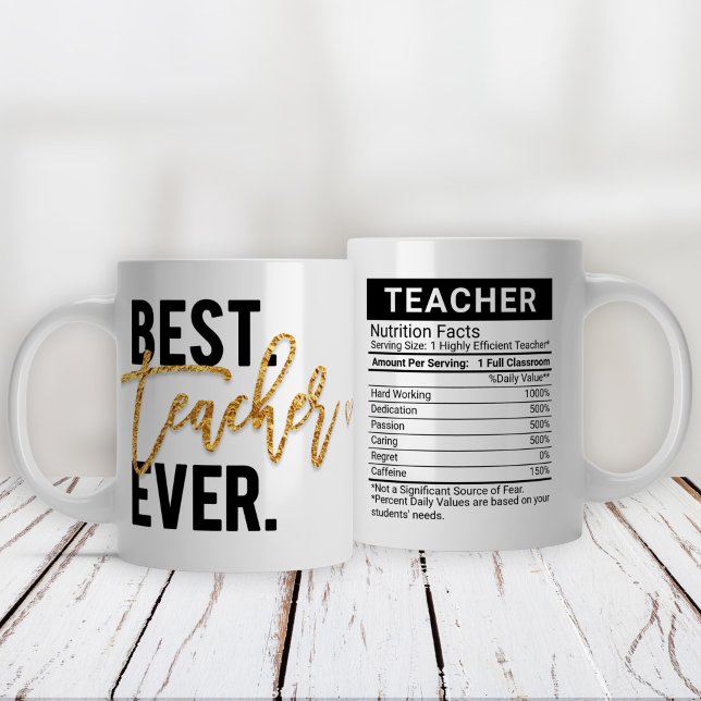 Best Teacher Ever Gold + Editable Nutrition Facts, Large Coffee Mug (Creator Uploaded)