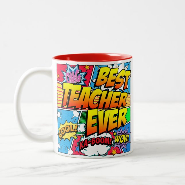 Best Teacher Ever Male Personalise Comic Book Two-Tone Coffee Mug (Left)