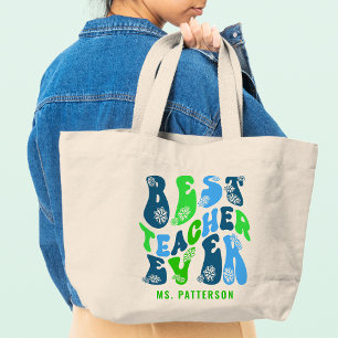 Best Teacher Ever Modern Flower Script Custom Name Large Tote Bag