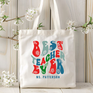 Best Teacher Ever Modern Flower Script Custom Name Tote Bag