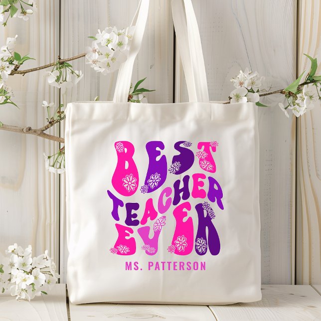 Best Teacher Ever Modern Flower Script Custom Name Tote Bag (Creator Uploaded)