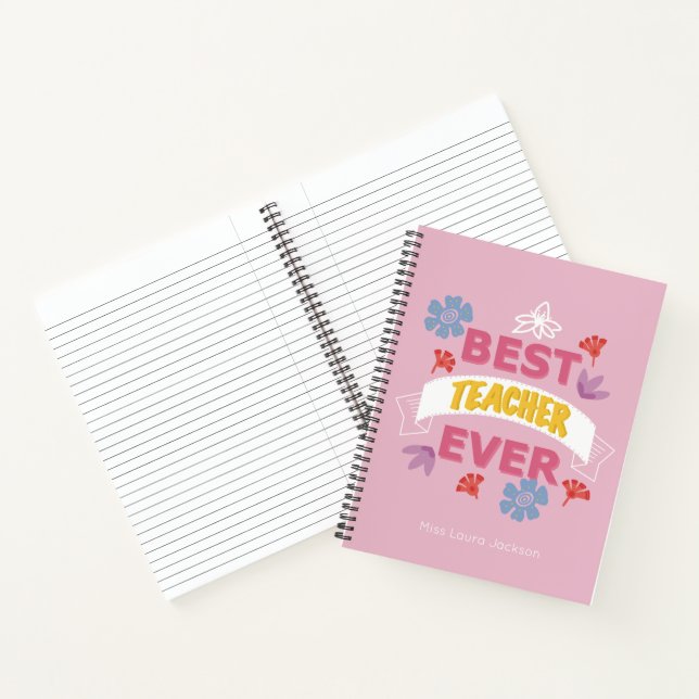 Best teacher ever name pink modern typography note notebook (Inside)