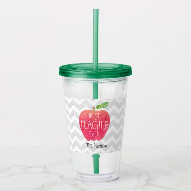 Best Teacher Ever Personalised Apple Chevron Acrylic Tumbler (Front)