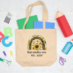 Best Teacher Ever Rainbow Sunflower Large Tote Bag