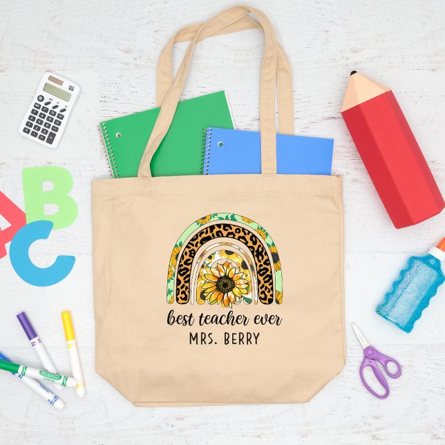 Best Teacher Ever Rainbow Sunflower Large Tote Bag (Creator Uploaded)
