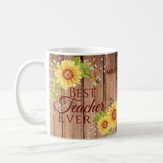 Best Teacher Ever Rustic Floral Sunflower Mug (Left)
