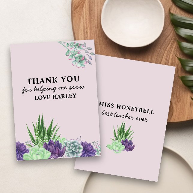 Best Teacher Ever Watercolor Succulents Thank You Card (Thank you for helping me grow card for teacher)