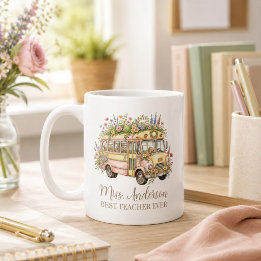 Best Teacher Ever with Name School Bus Watercolor Coffee Mug
