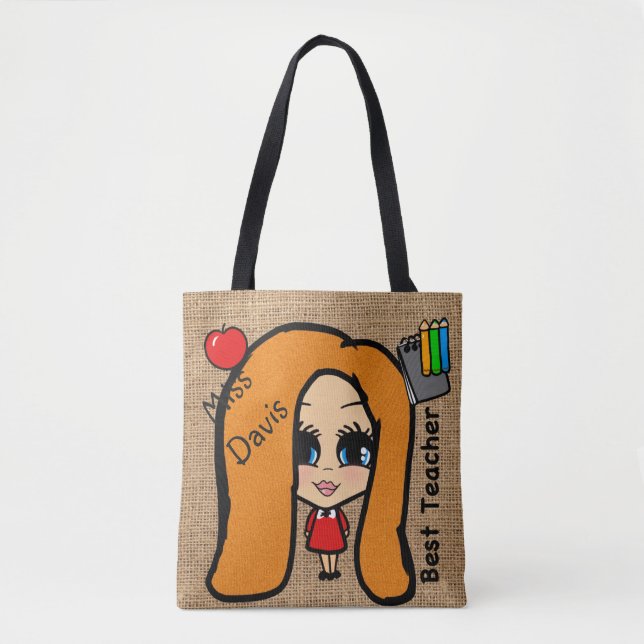 Best Teacher Tote - Personalised Caricature red Bag (Front)