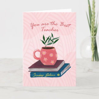 Best Teacher with Stacked Books and Coffee Mug Thank You Card