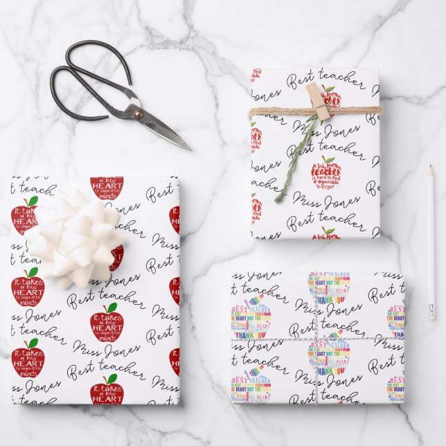 best teacher word art red apple big heart wrapping paper sheet (Front)